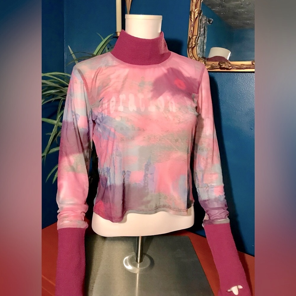 NWT Generation Kiss Sheer Collage Print Mock Turtleneck Sz XL